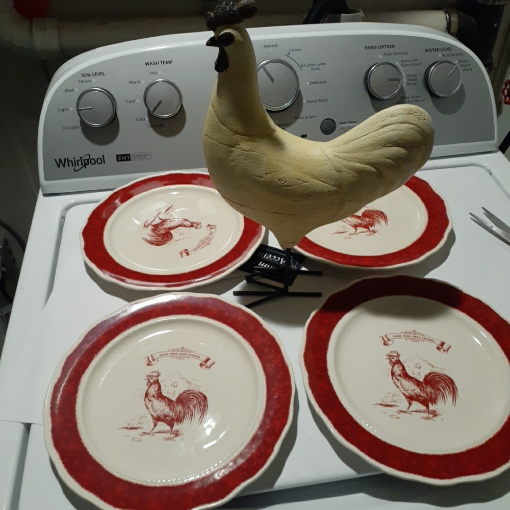 4 Country Living Red Friends Rooster Salad Plates 9" + Free
